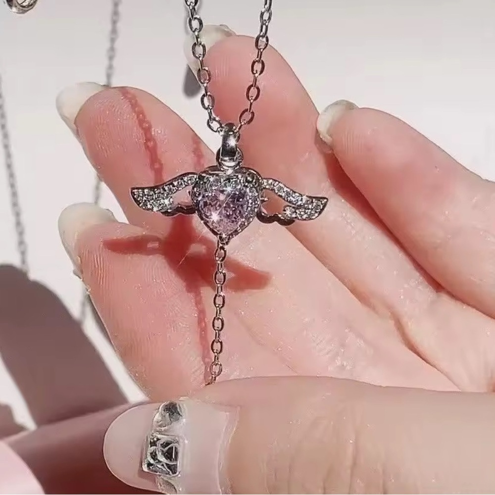 Silver Heart Wing Pendant Necklace